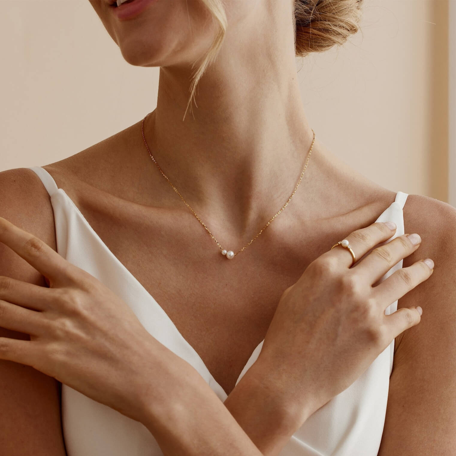 Minimalist Double Pearl Yellow Gold Sterling Silver Necklace