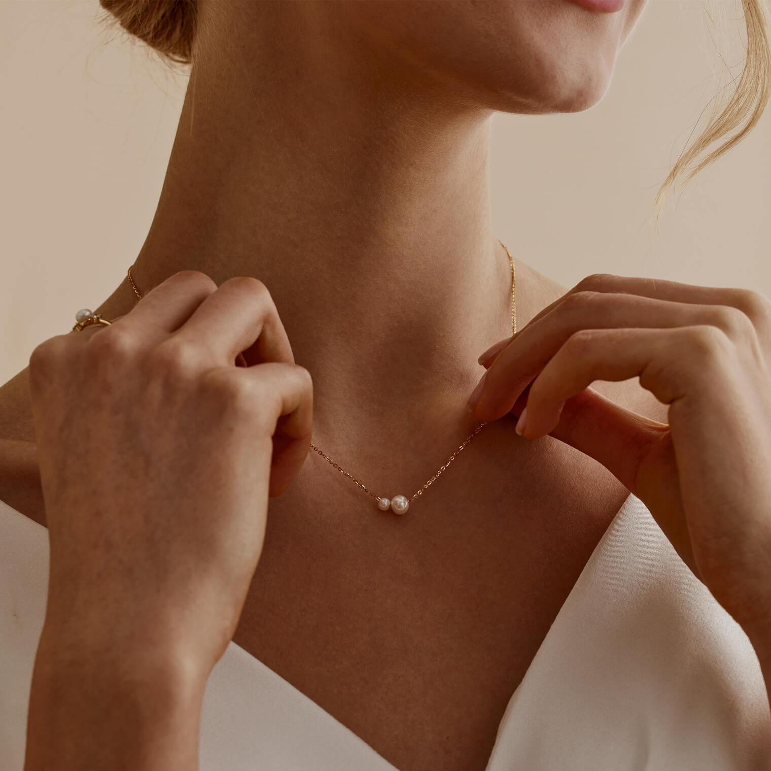 Minimalist Double Pearl Yellow Gold Sterling Silver Necklace