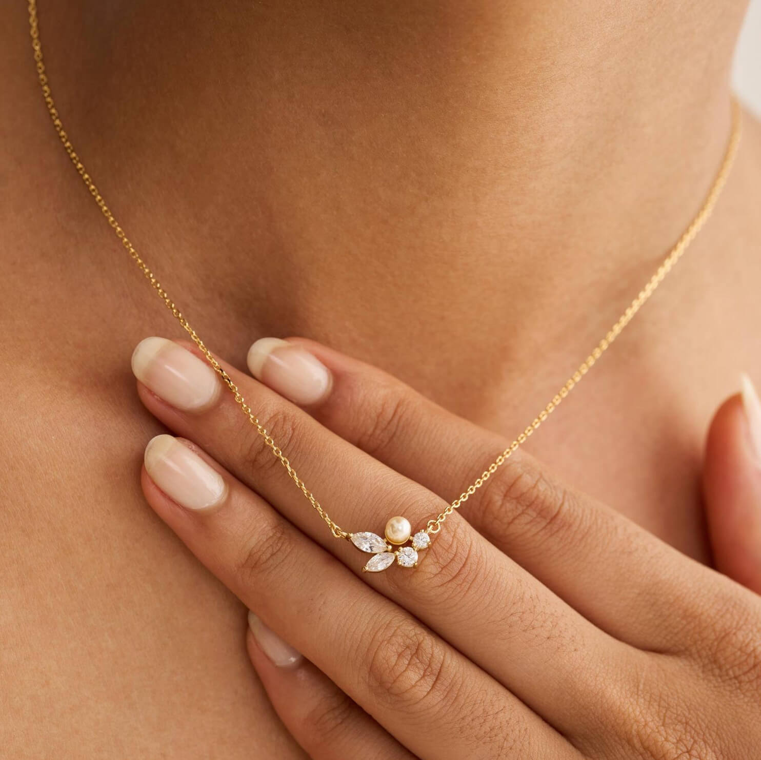 Dainty Leaves Pearl with Diamond White Yellow Gold Sterling Silver Necklace