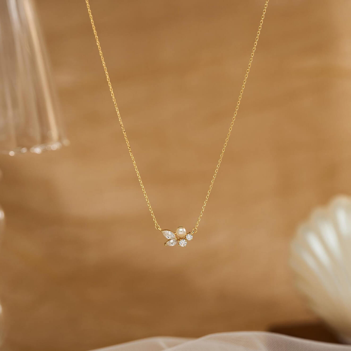 Dainty Leaves Pearl with Diamond White Yellow Gold Sterling Silver Necklace