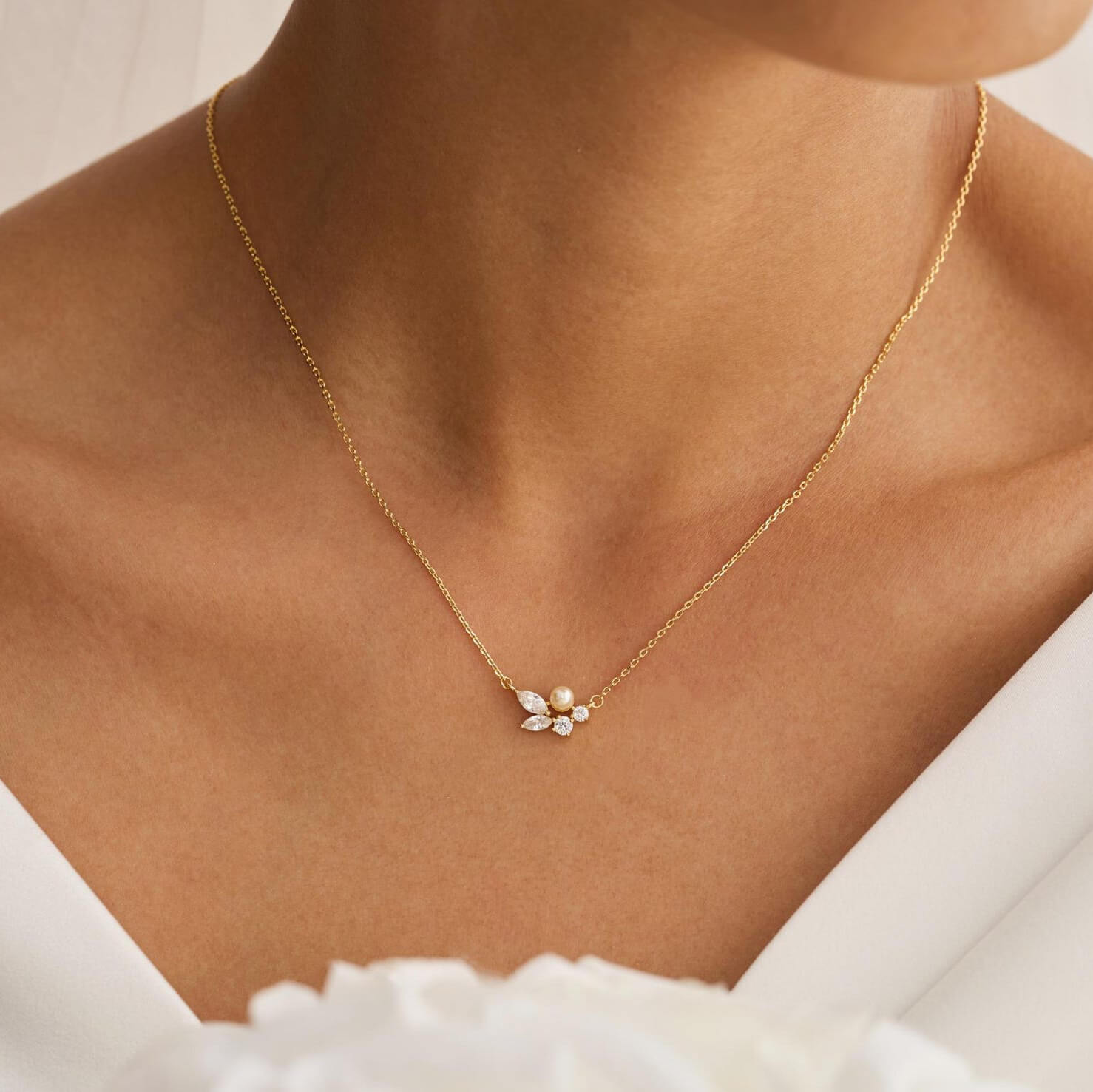 Dainty Leaves Pearl with Diamond White Yellow Gold Sterling Silver Necklace
