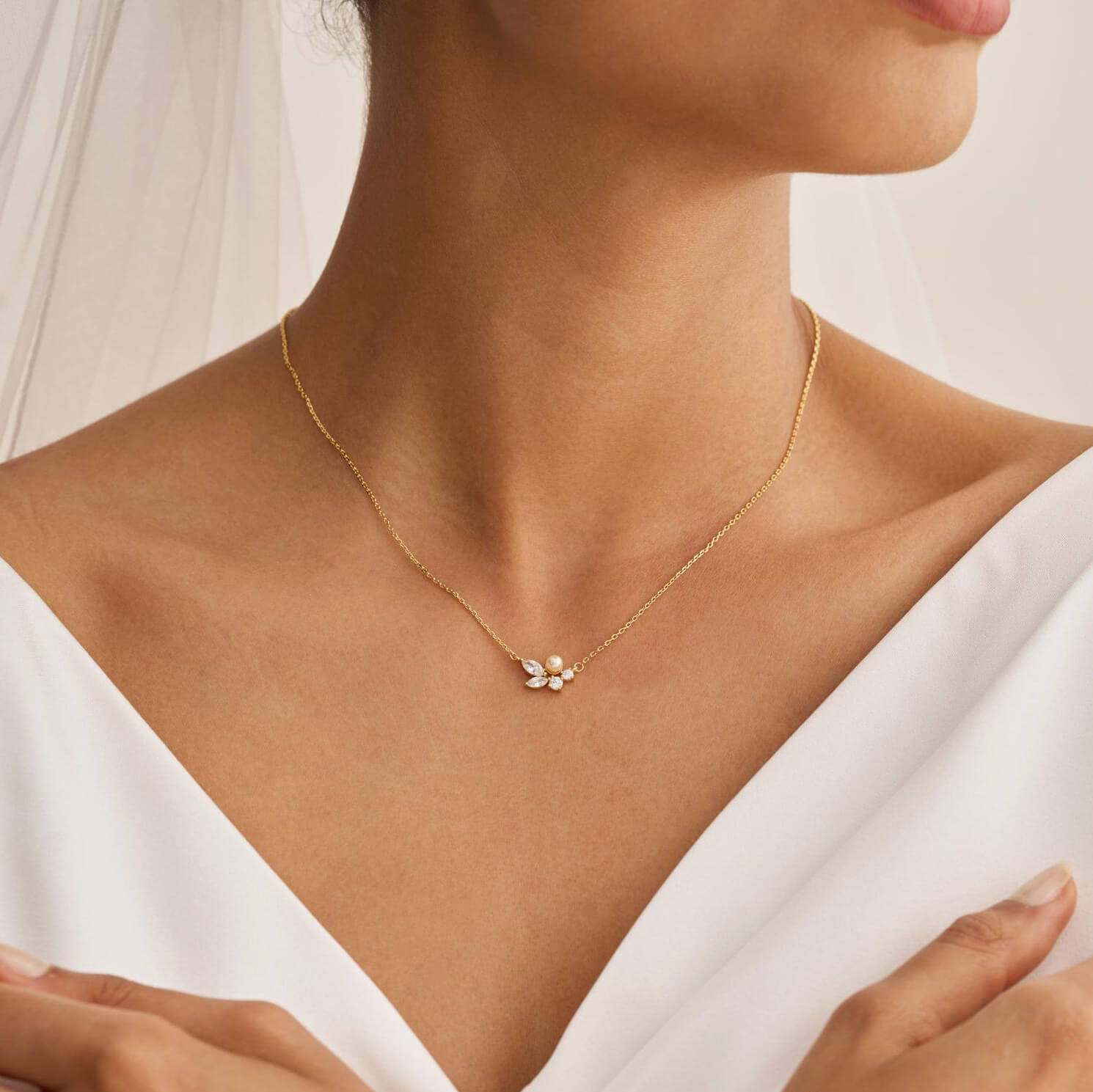 Dainty Leaves Pearl with Diamond White Yellow Gold Sterling Silver Necklace