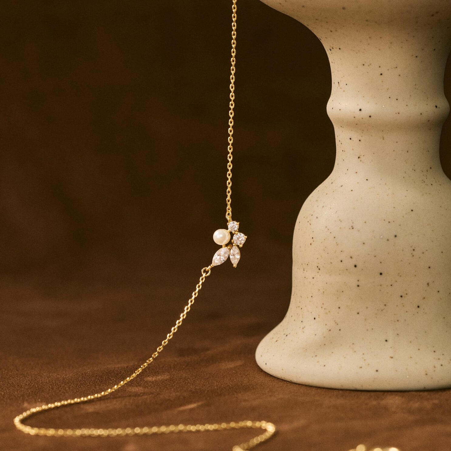 Dainty Leaves Pearl with Diamond White Yellow Gold Sterling Silver Necklace