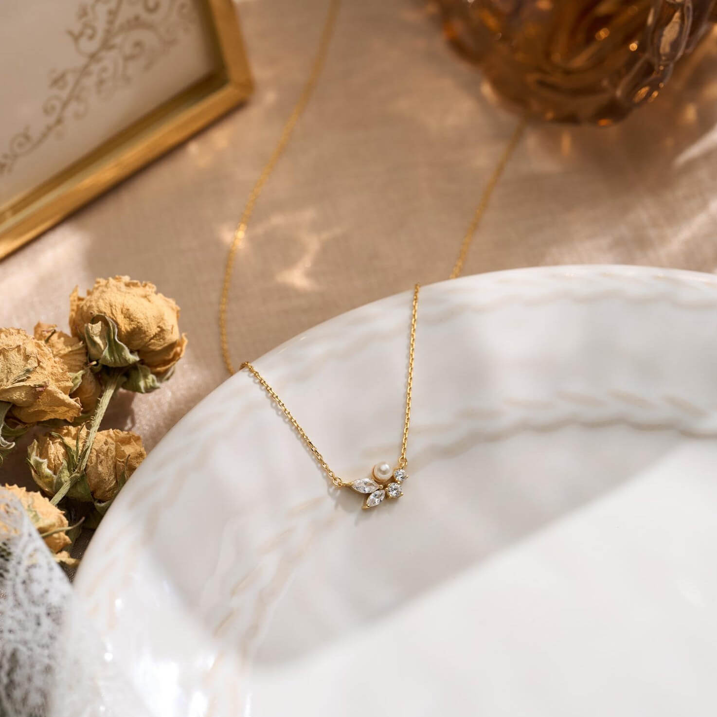 Dainty Leaves Pearl with Diamond White Yellow Gold Sterling Silver Necklace