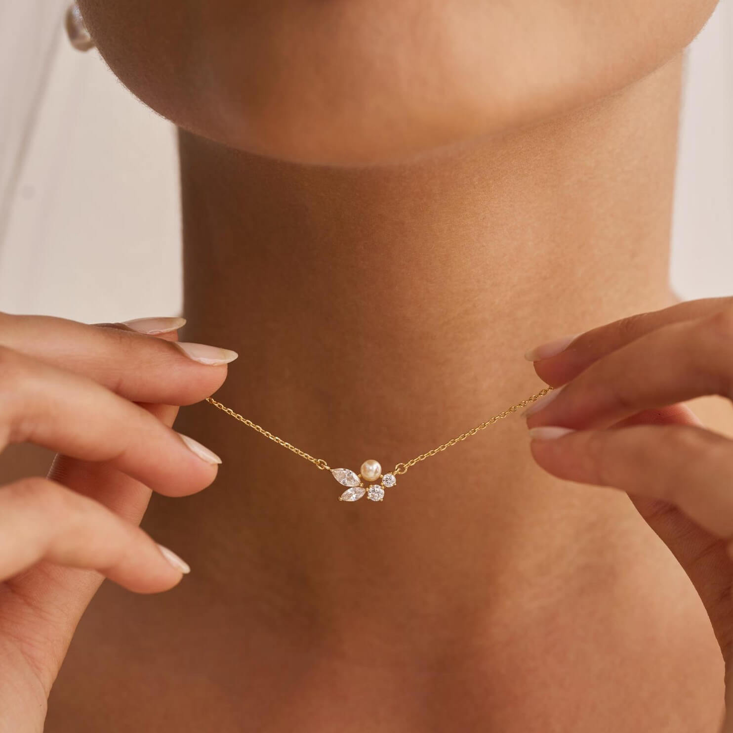 Dainty Leaves Pearl with Diamond White Yellow Gold Sterling Silver Necklace