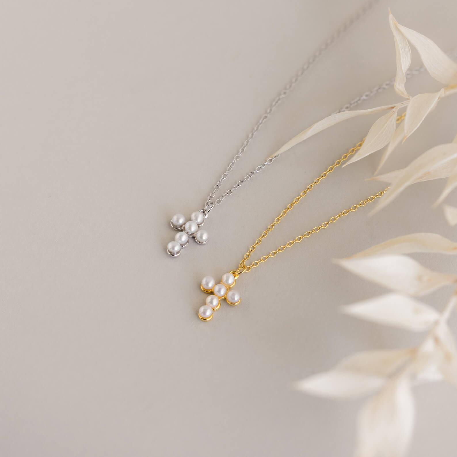 Dainty Beaded White Pearl Gold/Silver Sterling Silver Cross Necklace