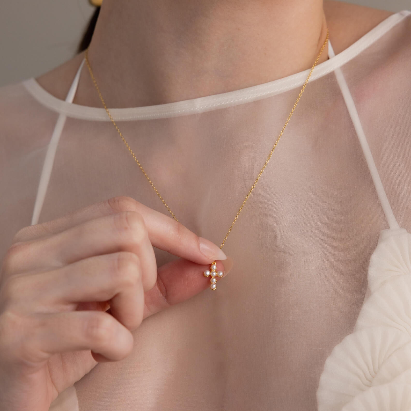 Dainty Beaded White Pearl Gold/Silver Sterling Silver Cross Necklace