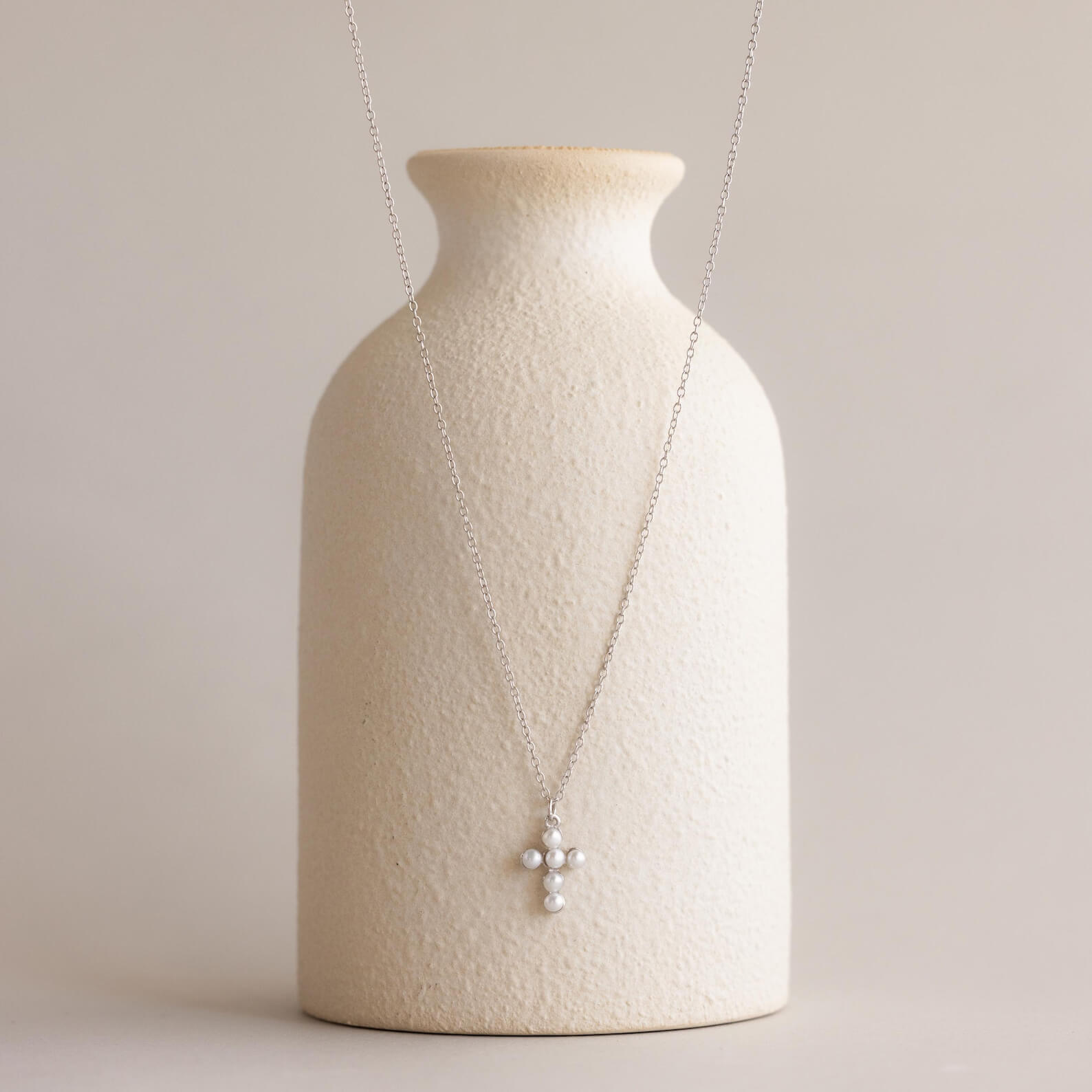 Dainty Beaded White Pearl Gold/Silver Sterling Silver Cross Necklace