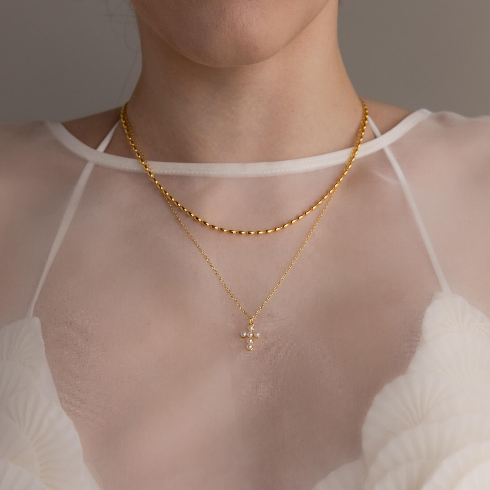 Dainty Beaded White Pearl Gold/Silver Sterling Silver Cross Necklace