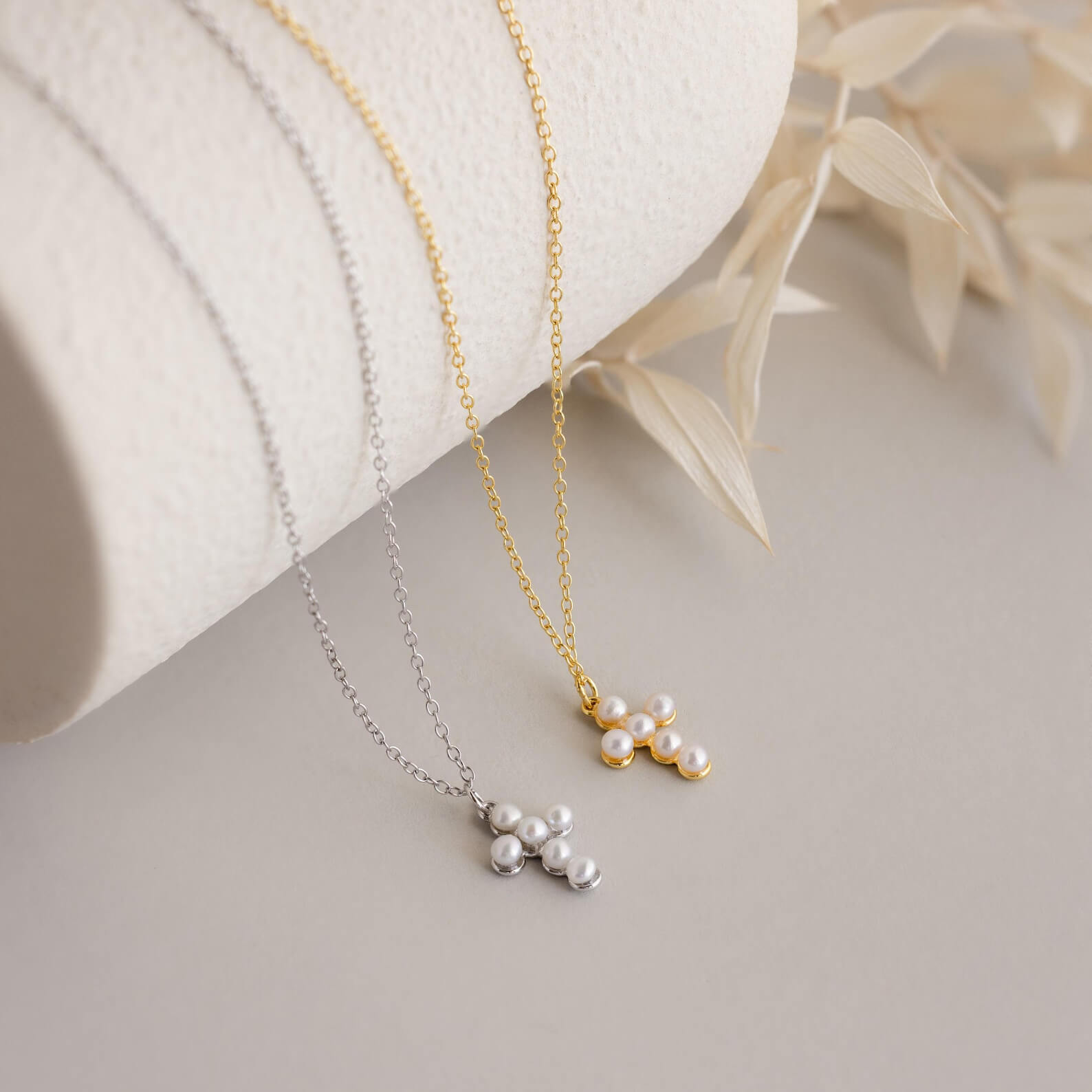 Dainty Beaded White Pearl Gold/Silver Sterling Silver Cross Necklace