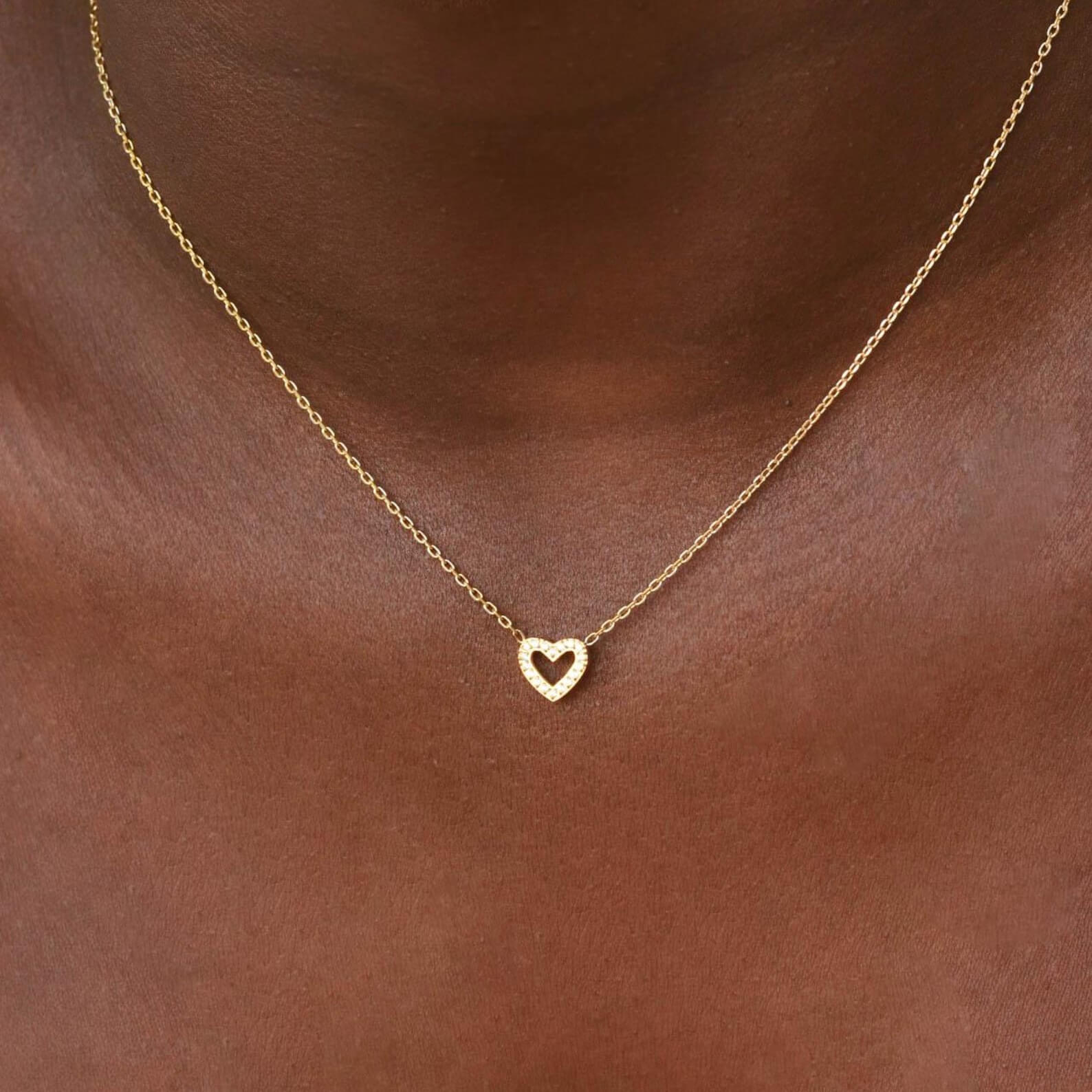 Round Cut Diamond White Yellow Gold Sterling Silver Hollow Heart Necklace