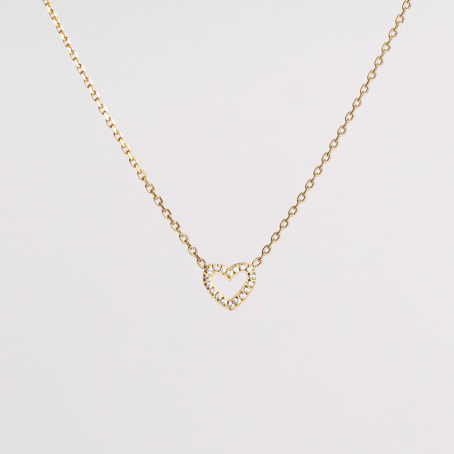 Round Cut Diamond White Yellow Gold Sterling Silver Hollow Heart Necklace