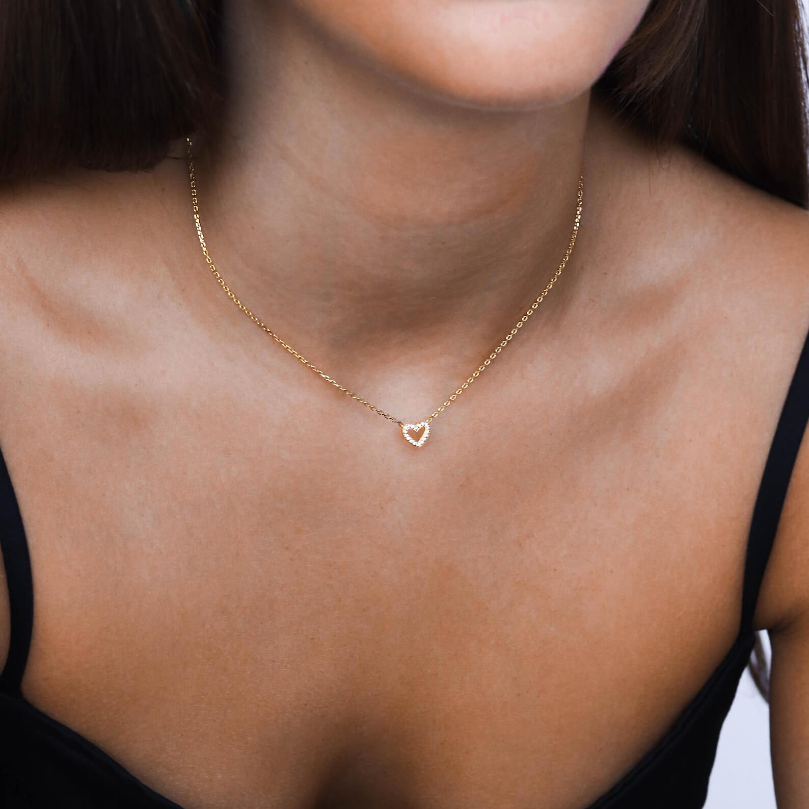 Round Cut Diamond White Yellow Gold Sterling Silver Hollow Heart Necklace