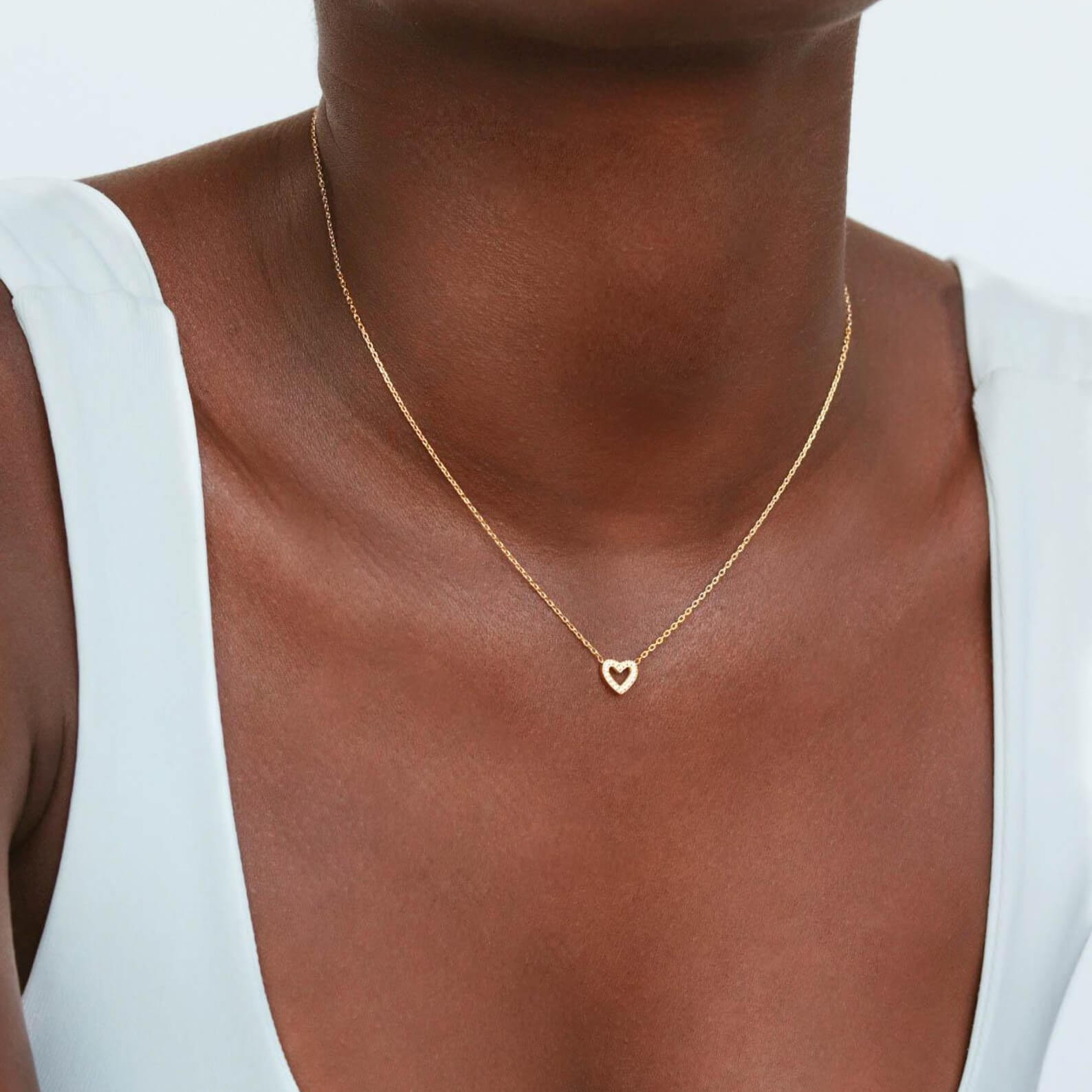 Round Cut Diamond White Yellow Gold Sterling Silver Hollow Heart Necklace