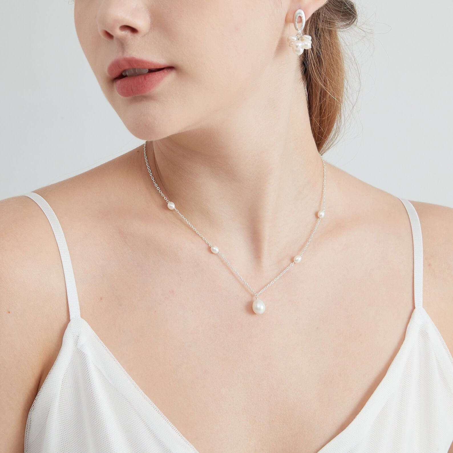 Teardrop White Pearl with Side Accent Pearls Sterling Silver Pendant Necklace