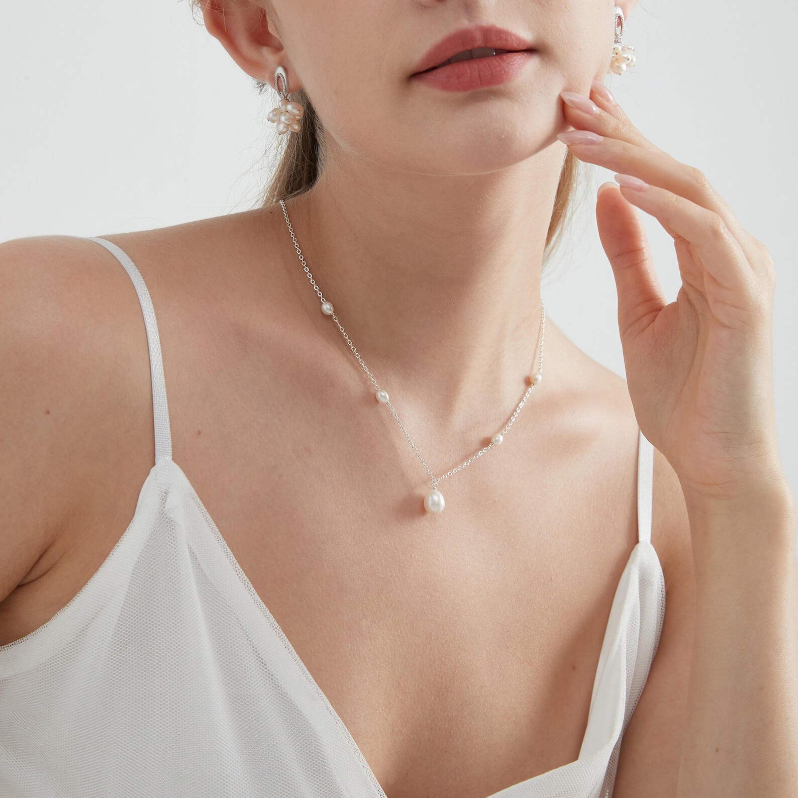 Teardrop White Pearl with Side Accent Pearls Sterling Silver Pendant Necklace