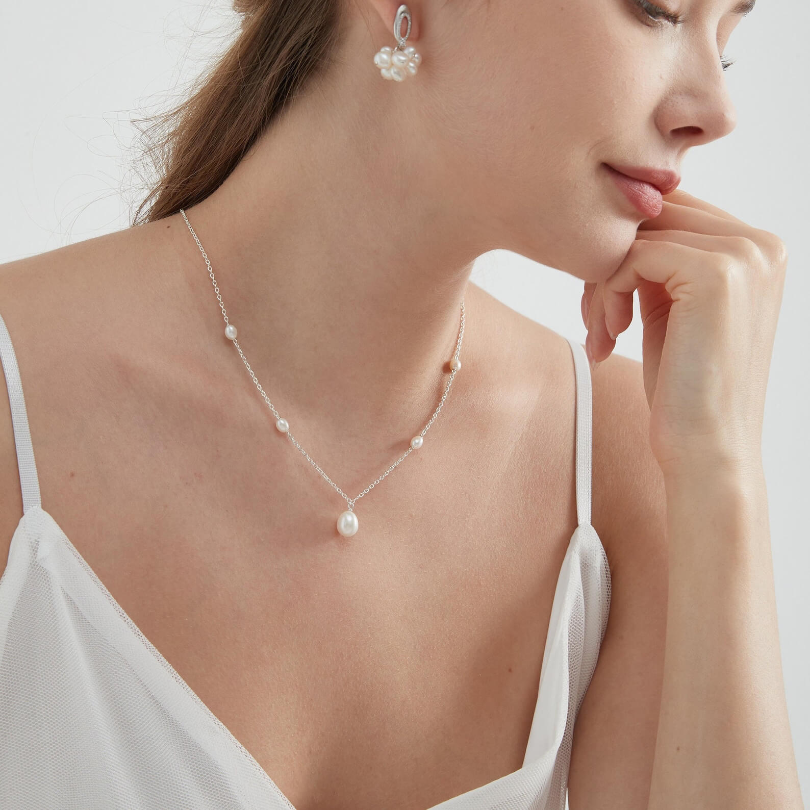 Teardrop White Pearl with Side Accent Pearls Sterling Silver Pendant Necklace