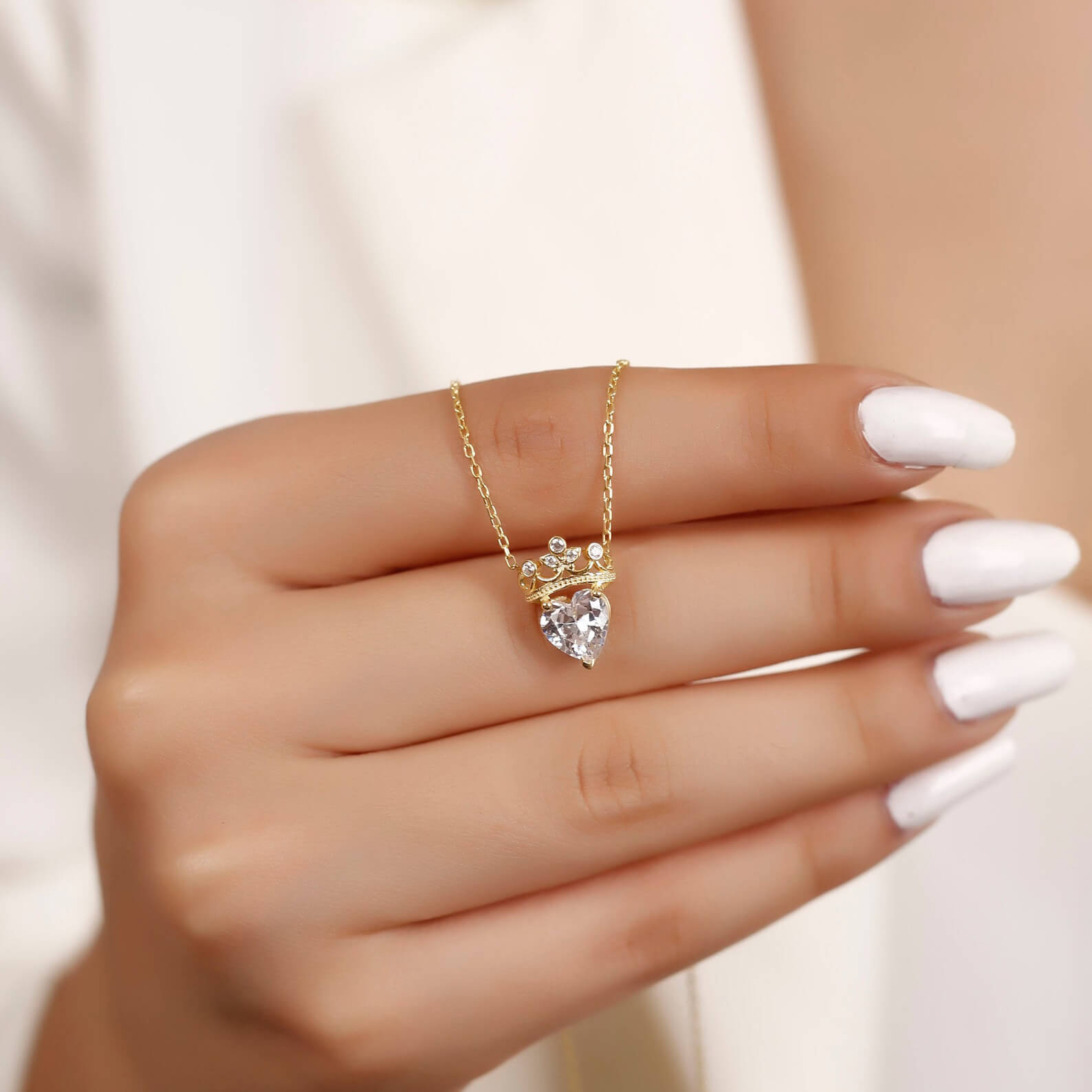 Heart Cut Diamond White Yellow Gold Sterling Silver Crown Heart Necklace