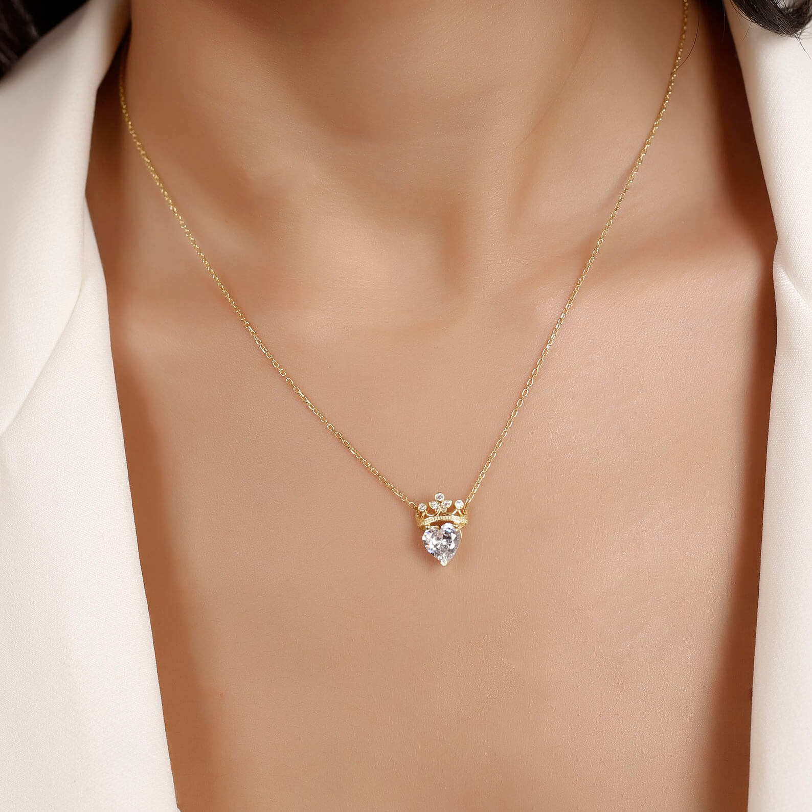 Heart Cut Diamond White Yellow Gold Sterling Silver Crown Heart Necklace