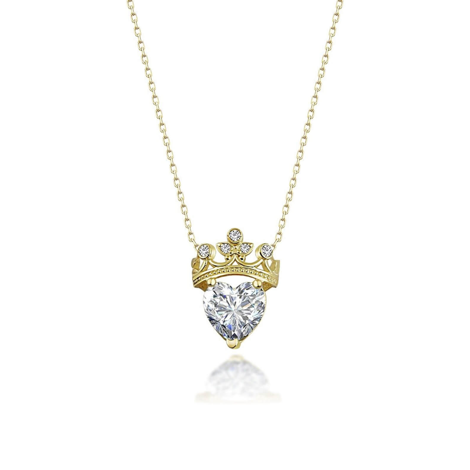 Heart Cut Diamond White Yellow Gold Sterling Silver Crown Heart Necklace