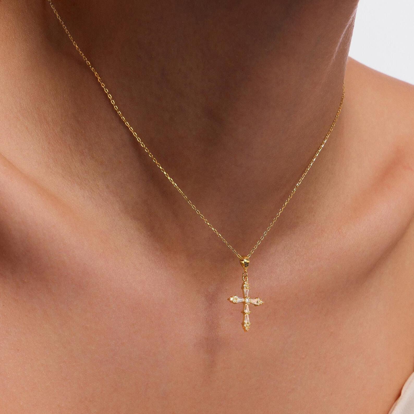 Vintage Baguette Diamond White Yellow Gold Sterling Silver Cross Necklace