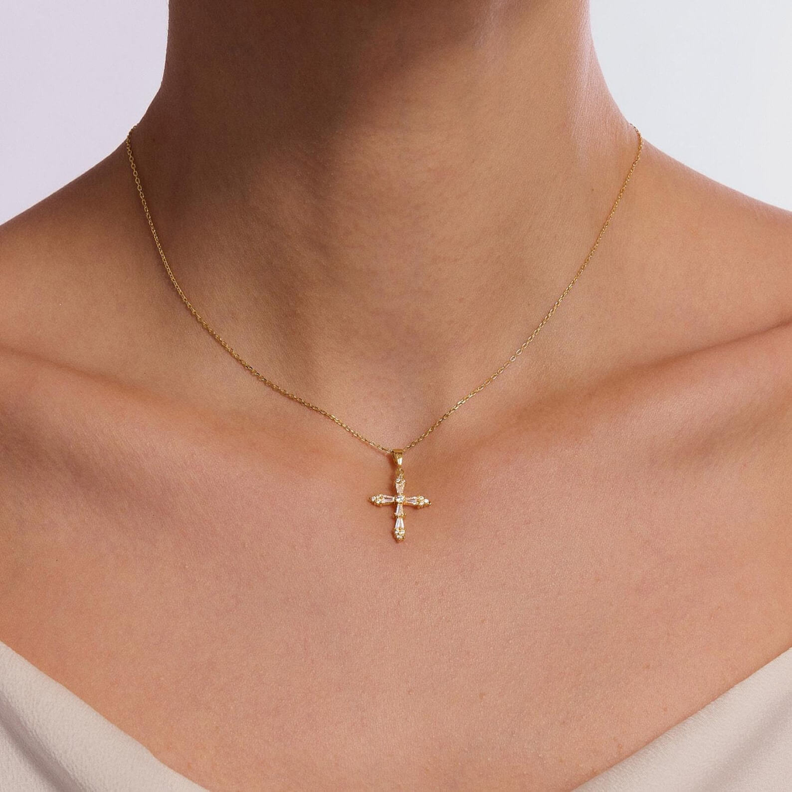 Vintage Baguette Diamond White Yellow Gold Sterling Silver Cross Necklace