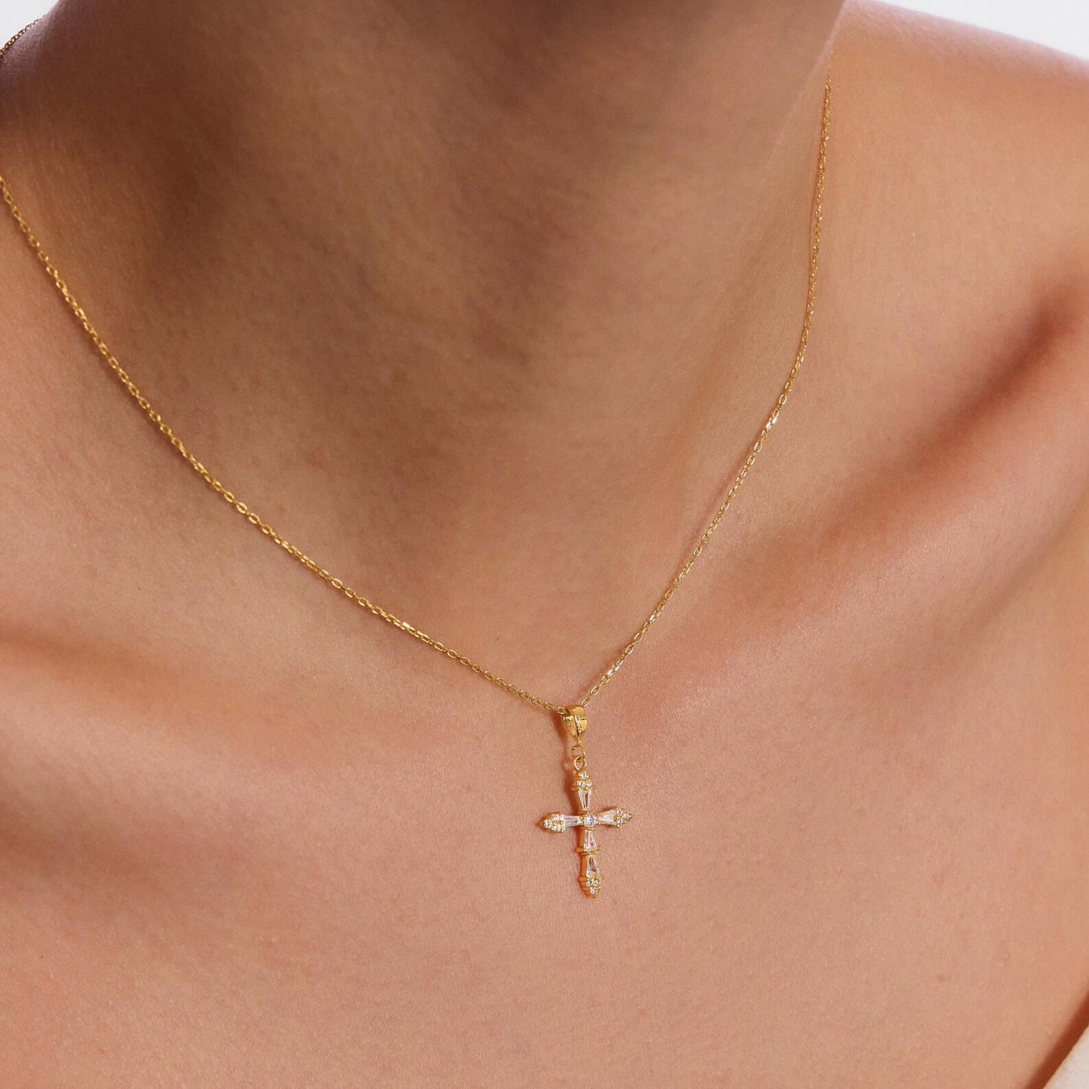 Vintage Baguette Diamond White Yellow Gold Sterling Silver Cross Necklace