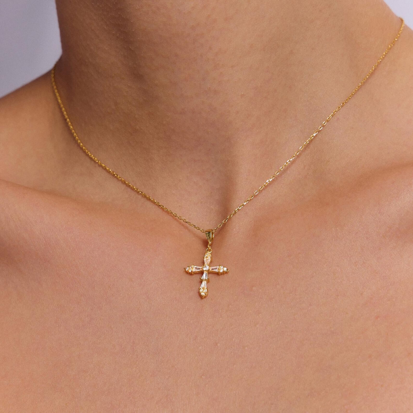 Vintage Baguette Diamond White Yellow Gold Sterling Silver Cross Necklace