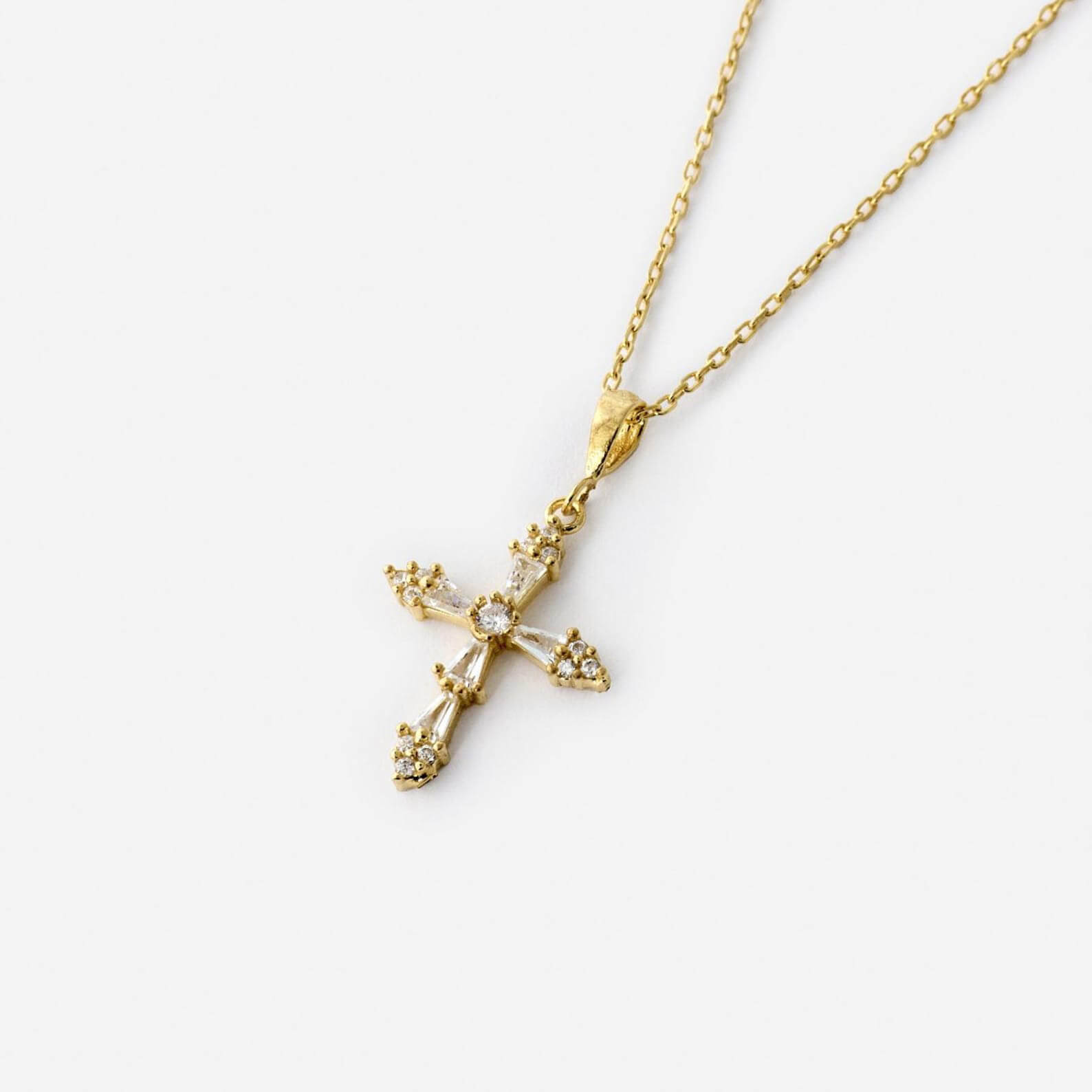 Vintage Baguette Diamond White Yellow Gold Sterling Silver Cross Necklace