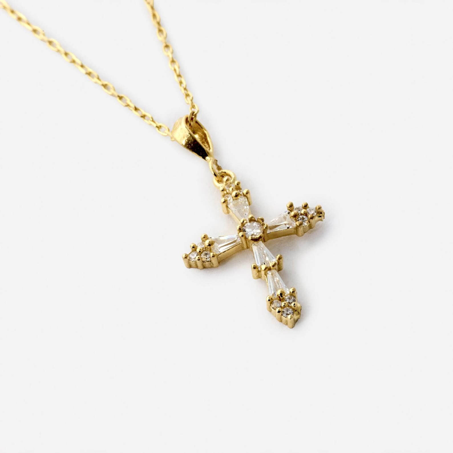 Vintage Baguette Diamond White Yellow Gold Sterling Silver Cross Necklace