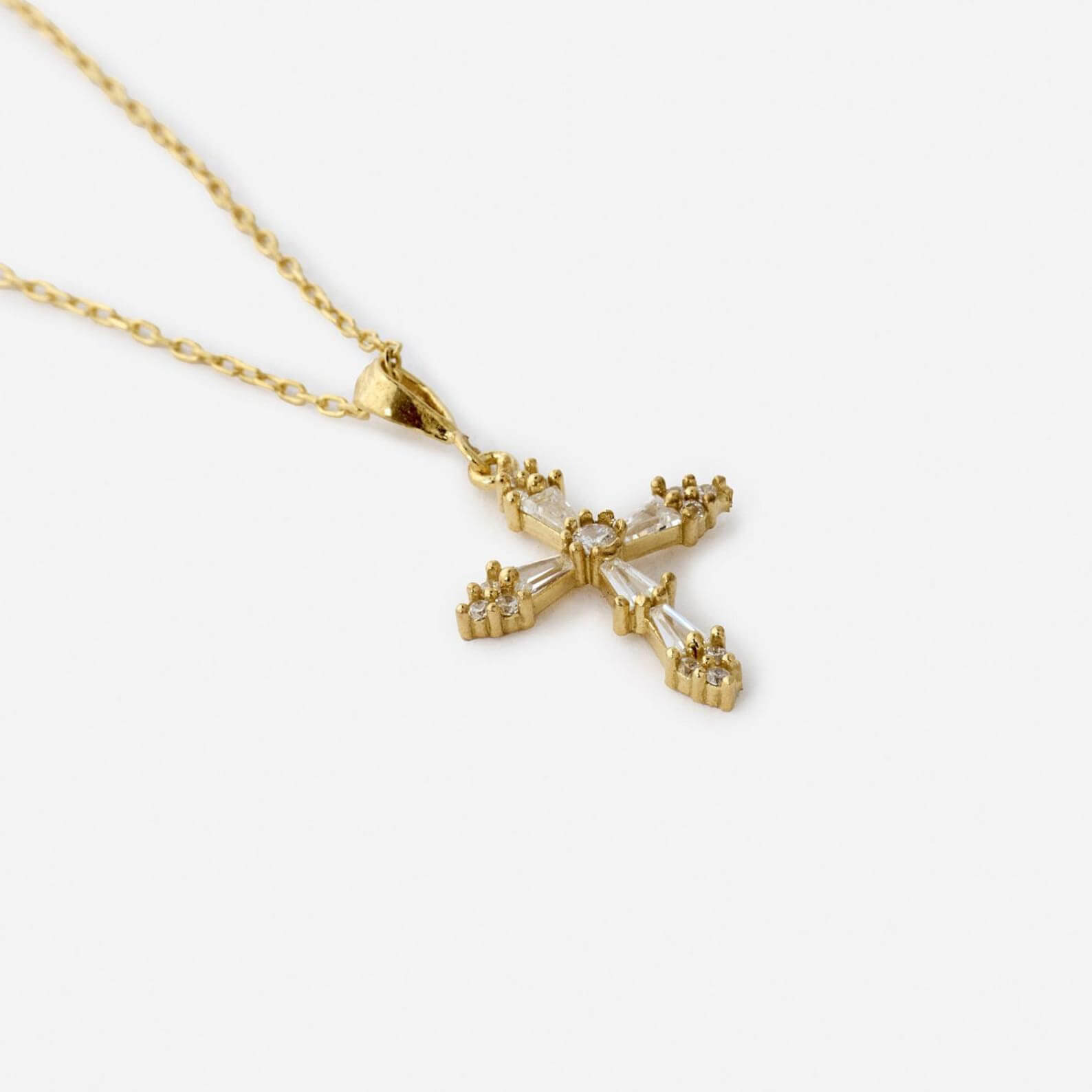 Vintage Baguette Diamond White Yellow Gold Sterling Silver Cross Necklace