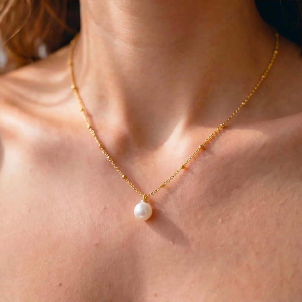 Round Freshwater White Pearl 925 Sterling Silver Necklace with Beaded Chain for Women