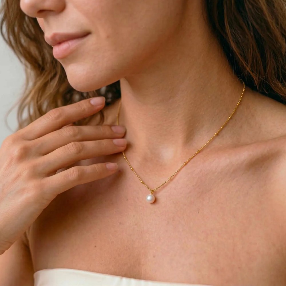 Round Freshwater White Pearl 925 Sterling Silver Necklace with Beaded Chain for Women