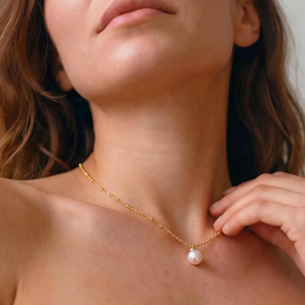 Round Freshwater White Pearl 925 Sterling Silver Necklace with Beaded Chain for Women