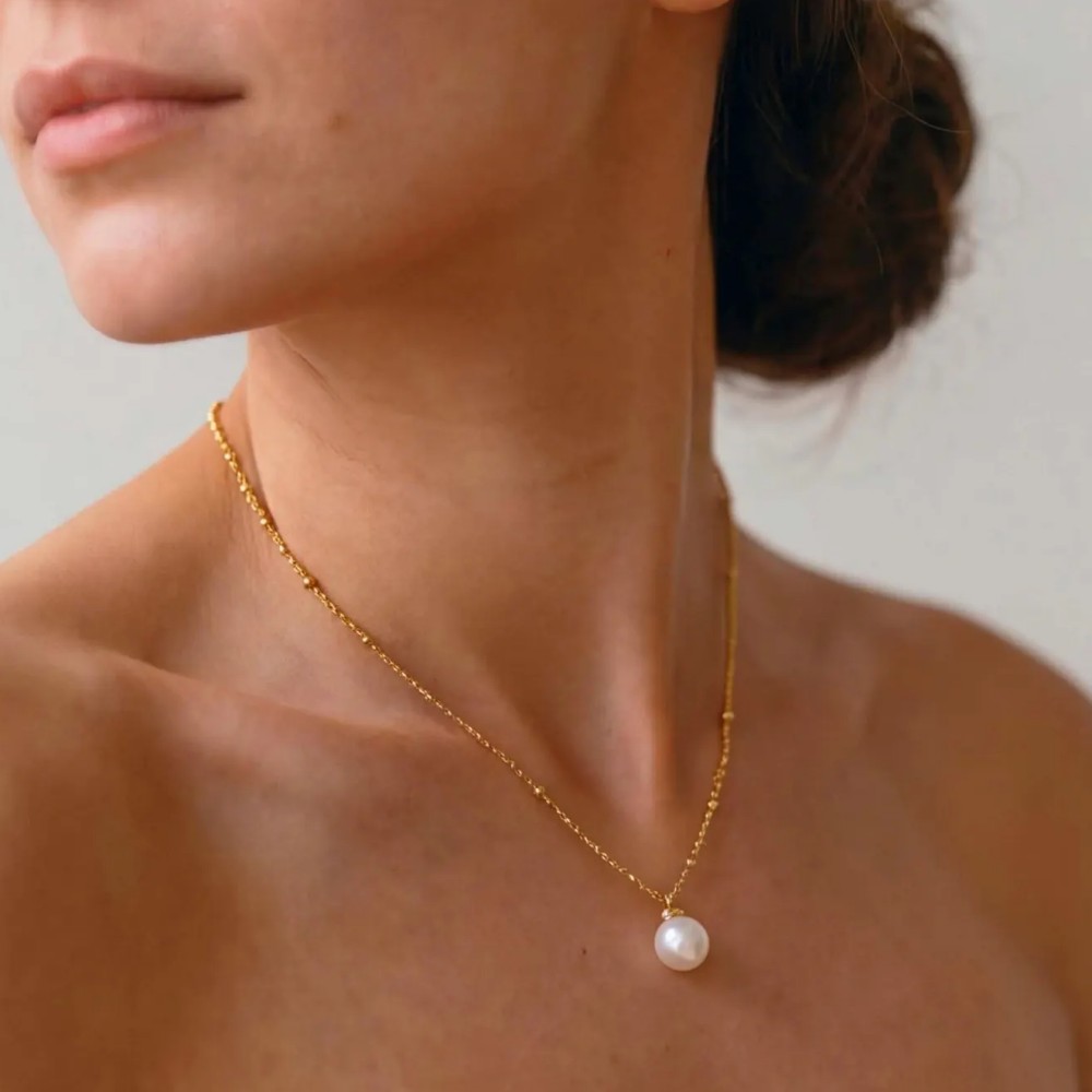 Round Freshwater White Pearl 925 Sterling Silver Necklace with Beaded Chain for Women