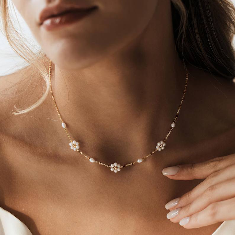 Dainty Real Pearl Sterling Silver Flower Necklace