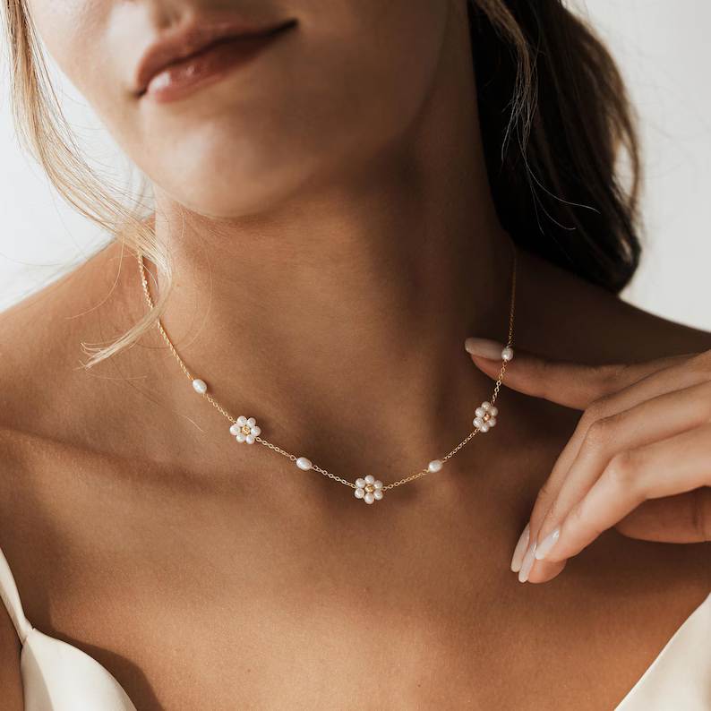 Dainty Real Pearl Sterling Silver Flower Necklace