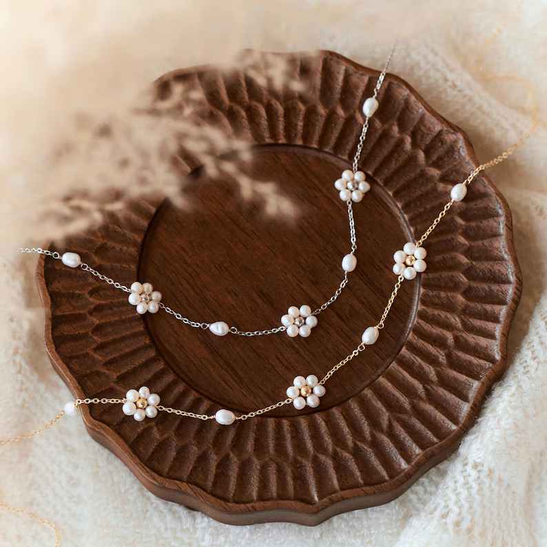 Dainty Real Pearl Sterling Silver Flower Necklace