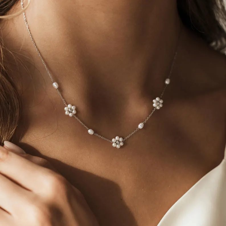 Dainty Real Pearl Sterling Silver Flower Necklace