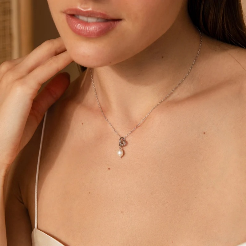 Minimalist 925 Sterling Silver Knot Pearl Necklace Gift for Her