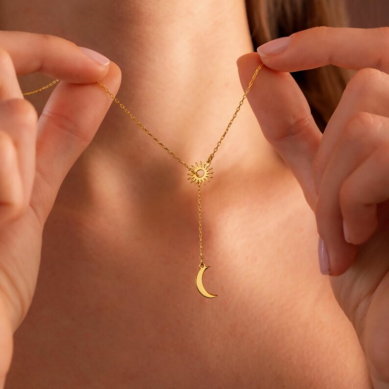 Minimalist 925 Sterling Silver Sun and Moon Necklace Gift for Her