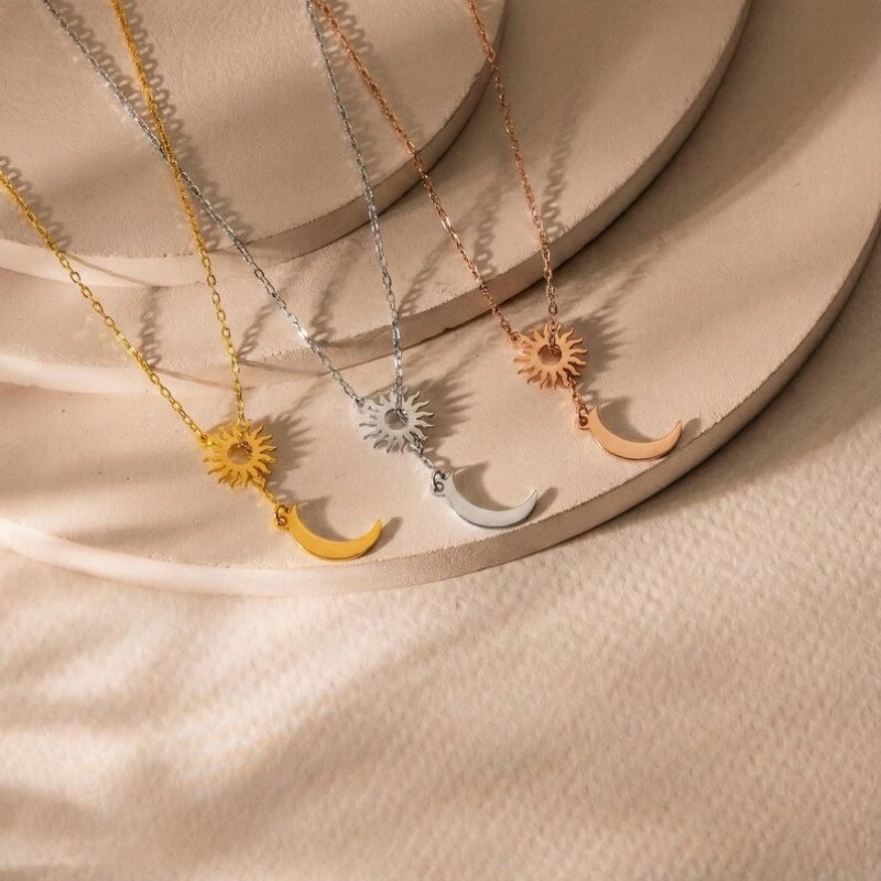 Minimalist 925 Sterling Silver Sun and Moon Necklace Gift for Her