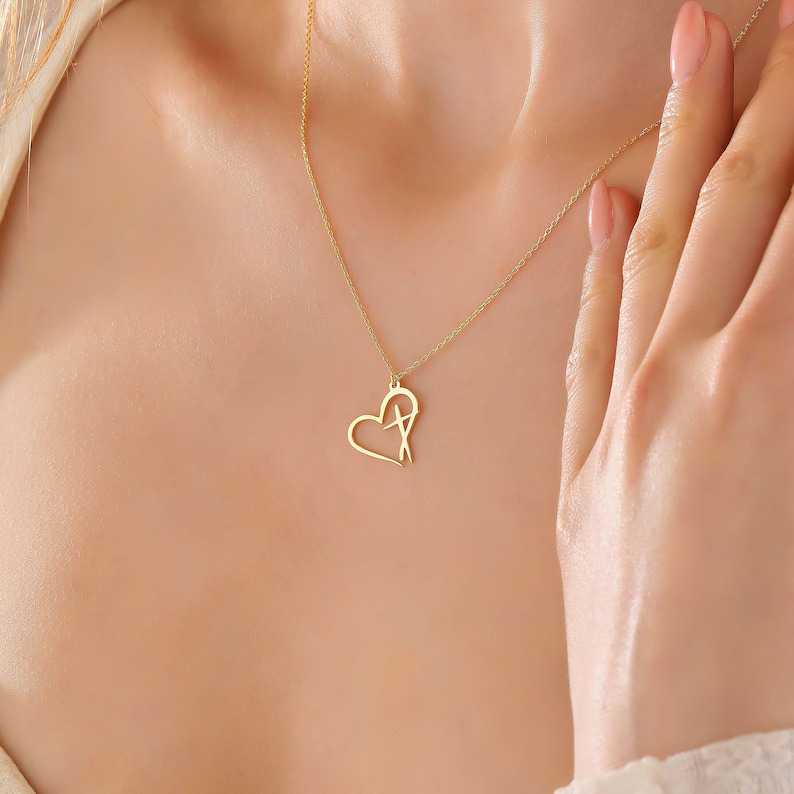 Dainty Heart Outline Sterling Silver with Cross Charm Necklace