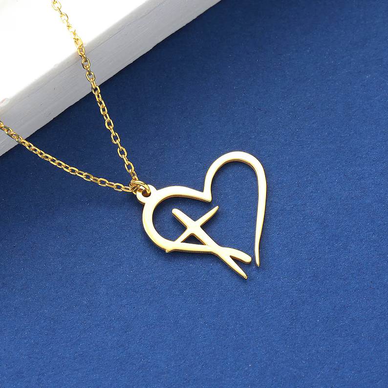 Dainty Heart Outline Sterling Silver with Cross Charm Necklace