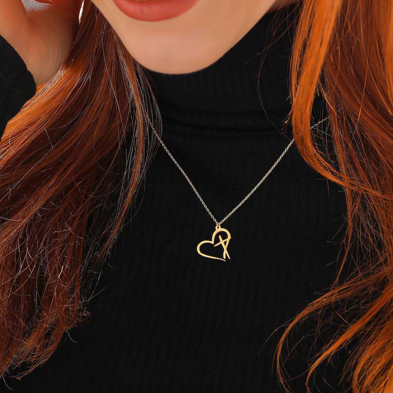 Dainty Heart Outline Sterling Silver with Cross Charm Necklace