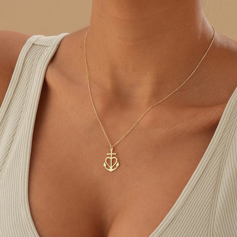Minimalist Dainty Yellow Gold Sterling Silver Anchor Cross Necklace
