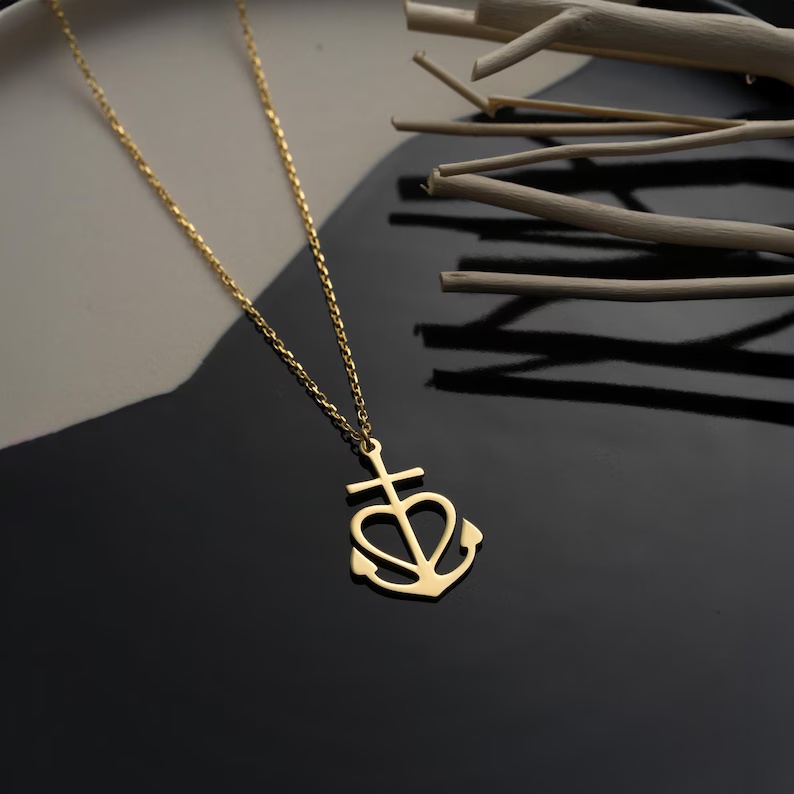 Minimalist Dainty Yellow Gold Sterling Silver Anchor Cross Necklace