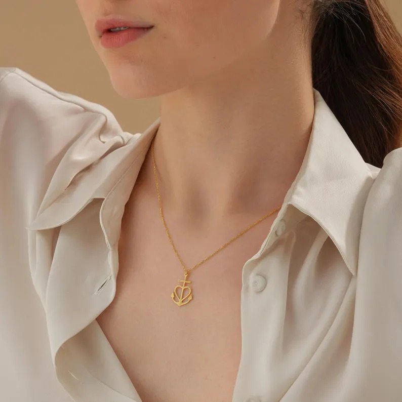 Minimalist Dainty Yellow Gold Sterling Silver Anchor Cross Necklace