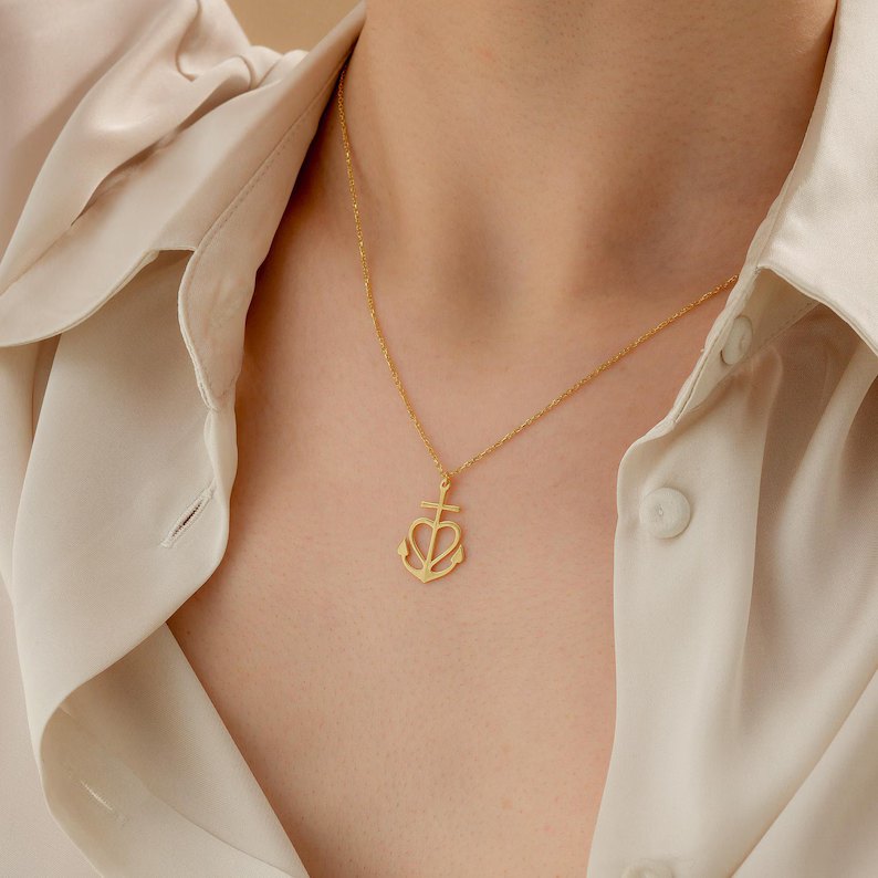 Minimalist Dainty Yellow Gold Sterling Silver Anchor Cross Necklace