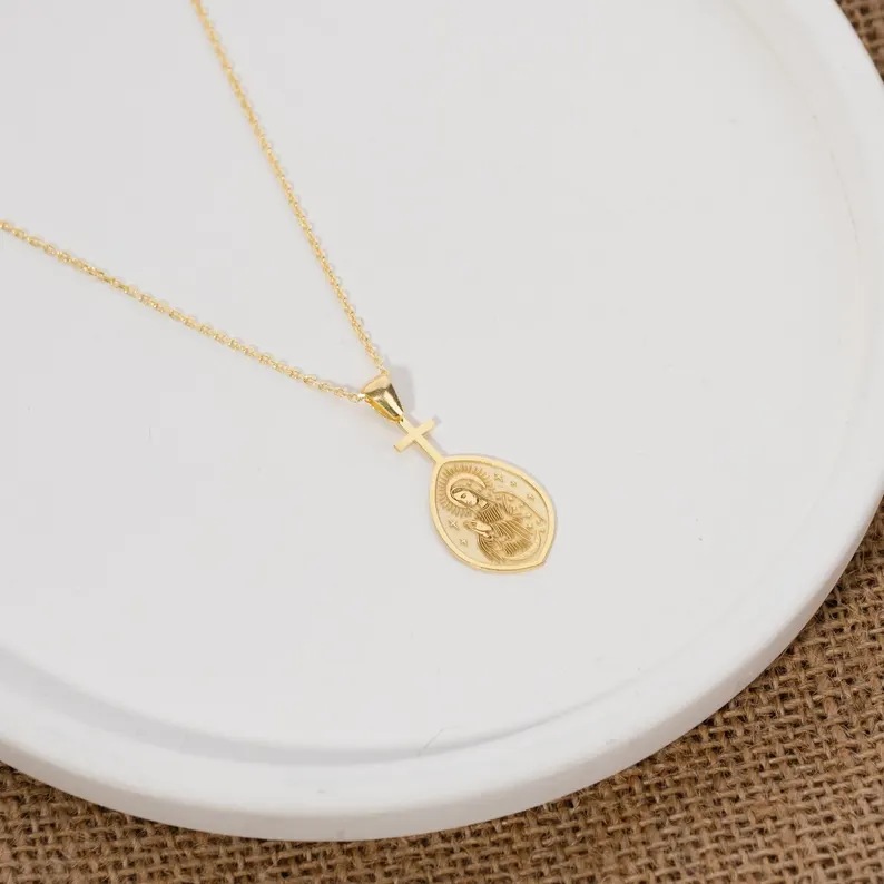Religious Virgin Mary Medal Sterling Silver Cross Necklace
